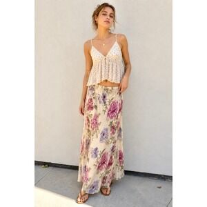Vintage 90s Cream Floral Silk Maxi Skirt Bias Cut Elastic Waist Cottagecore L